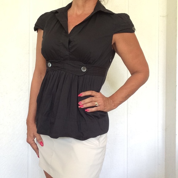 BCBGMAXAZRIA BLACK CAP SLEEVE EMPIRE WAIST TOP SMALL - Picture 2 of 8